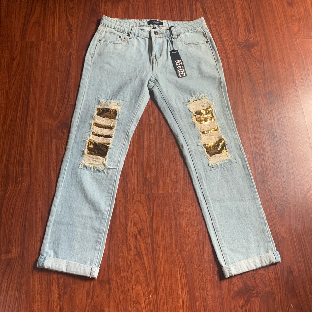 New ripped gold sequin boyfriend jeans